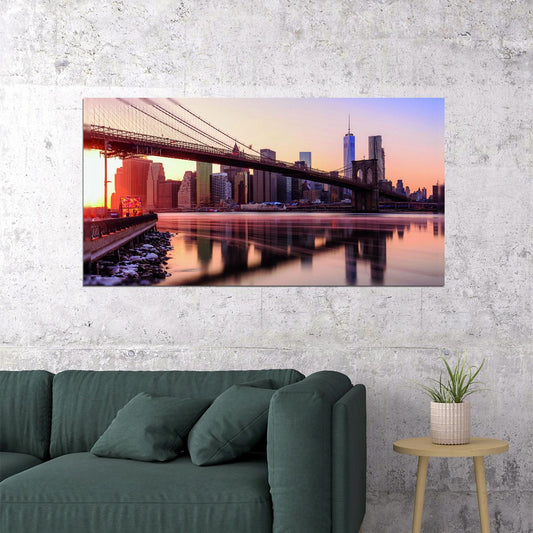 Brooklyn Bridge at Sunset Poster Iconic New York Cityscape Photography Urban Wall Decor Print - xonomax