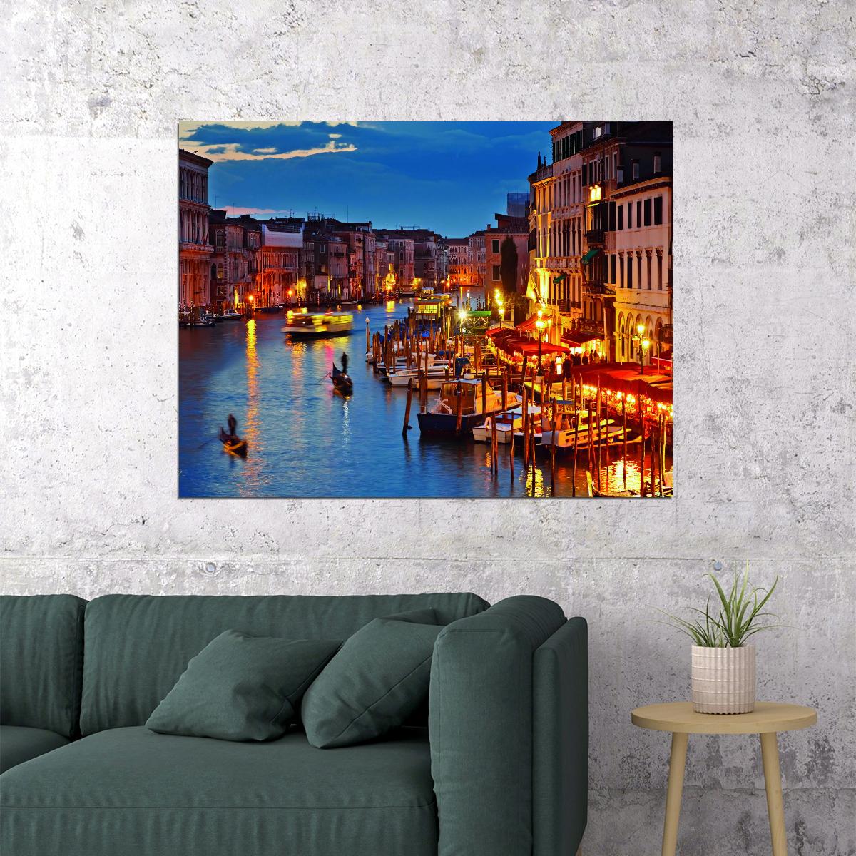 Venice Canal at Dusk Poster Romantic Italian Cityscape Photography Vibrant Wall Decor Print - xonomax