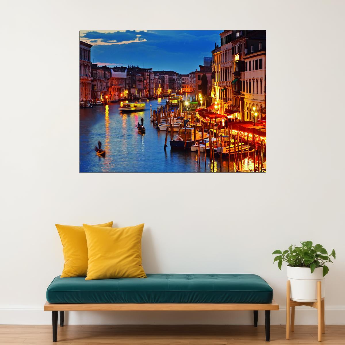 Venice Canal at Dusk Poster Romantic Italian Cityscape Photography Vibrant Wall Decor Print - xonomax