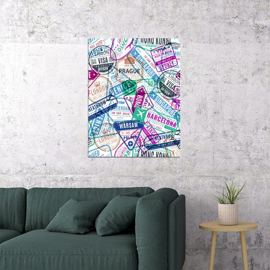 Travel Stamps Collage Poster Colorful World Adventure Map Vintage Wall Art Decor Print - xonomax