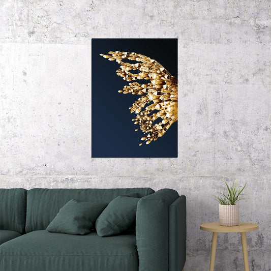 Golden Crystal Butterfly Wing Right Half Poster Luxury Abstract Nature Art Elegant Wall Decor Print - xonomax