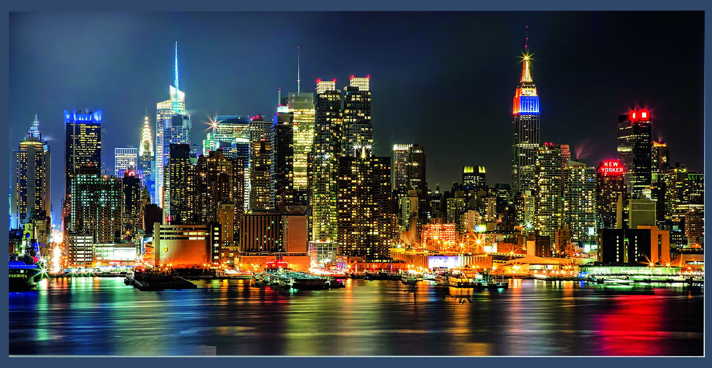 New York City Skyline Poster Vibrant Night Lights Urban Landscape Photography Wall Decor Print - xonomax