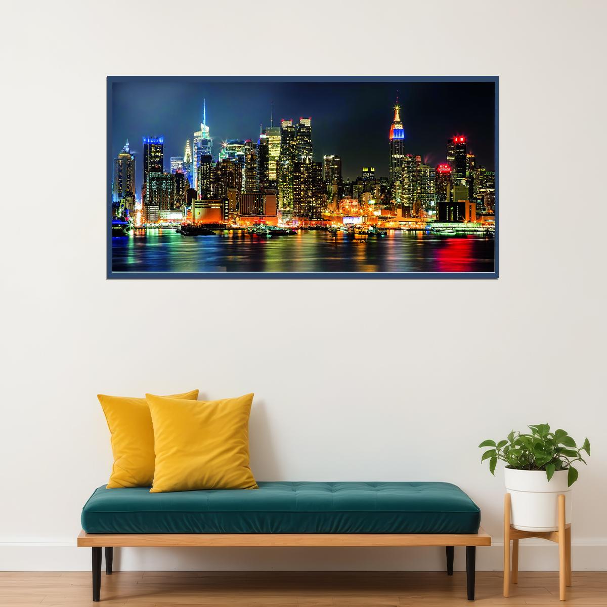 New York City Skyline Poster Vibrant Night Lights Urban Landscape Photography Wall Decor Print - xonomax