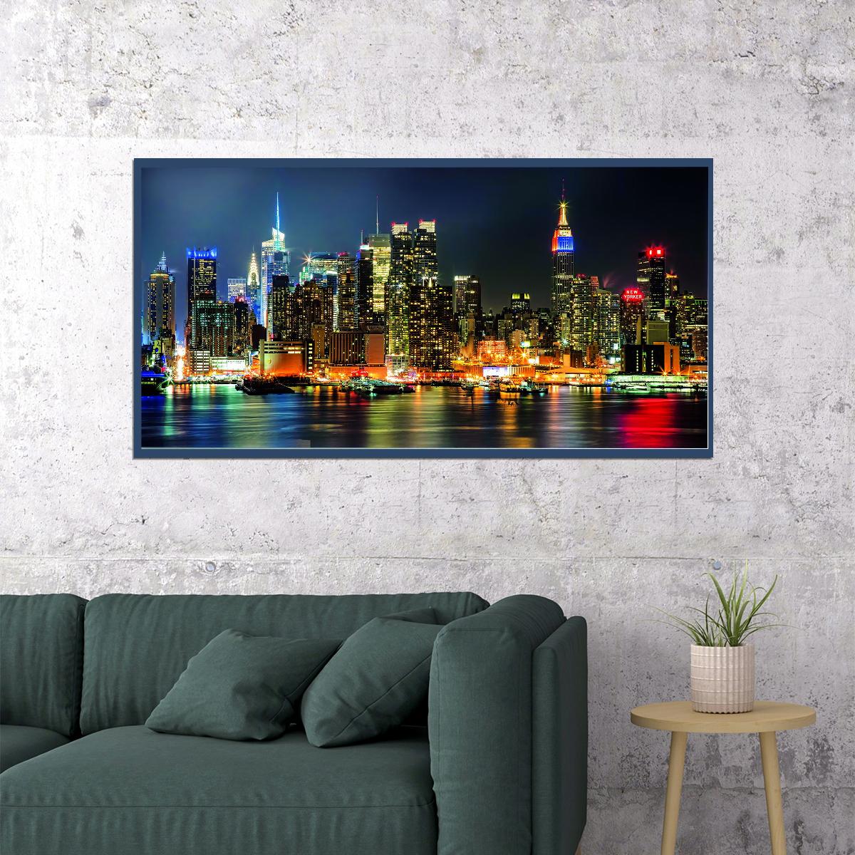 New York City Skyline Poster Vibrant Night Lights Urban Landscape Photography Wall Decor Print - xonomax