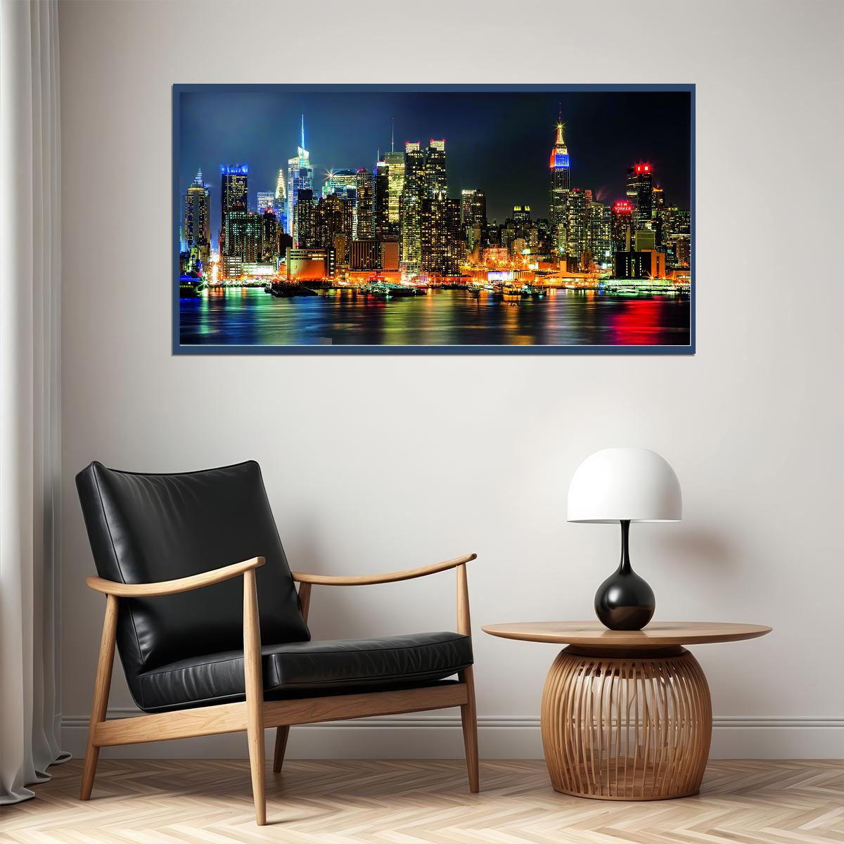 New York City Skyline Poster Vibrant Night Lights Urban Landscape Photography Wall Decor Print - xonomax