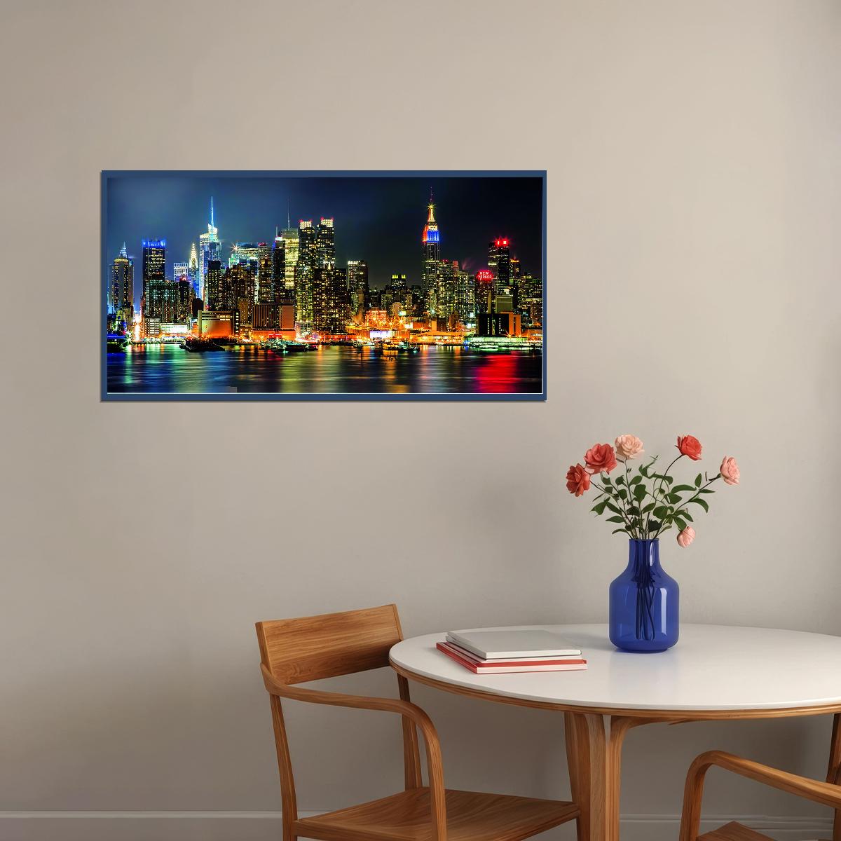 New York City Skyline Poster Vibrant Night Lights Urban Landscape Photography Wall Decor Print - xonomax