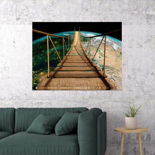 Suspension Bridge to Earth Poster Surreal Cosmic Adventure Nature Wall Art Print - xonomax