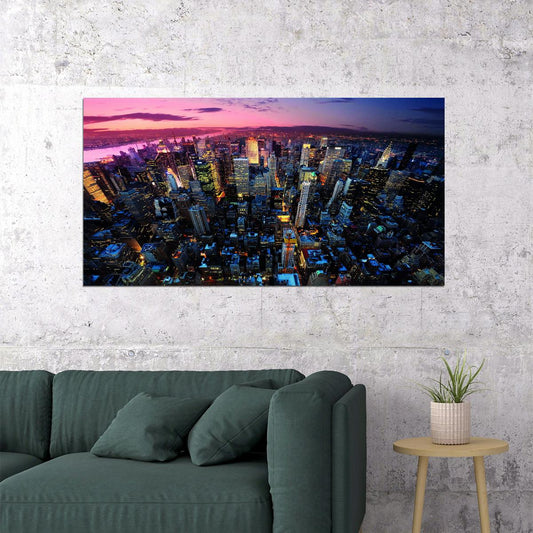Aerial Cityscape at Dusk Poster Vibrant Urban Lights Skyline Photography Wall Art Print - xonomax