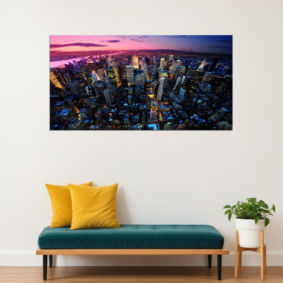 Aerial Cityscape at Dusk Poster Vibrant Urban Lights Skyline Photography Wall Art Print - xonomax