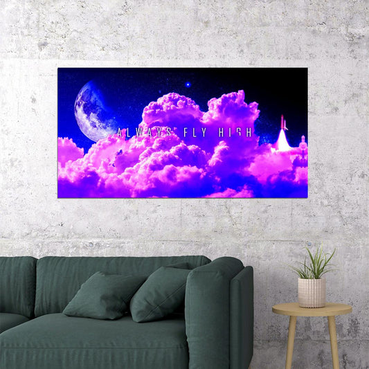 Fly High Cloudscape Poster Dreamy Purple Sky and Moon Inspirational Wall Art Print - xonomax