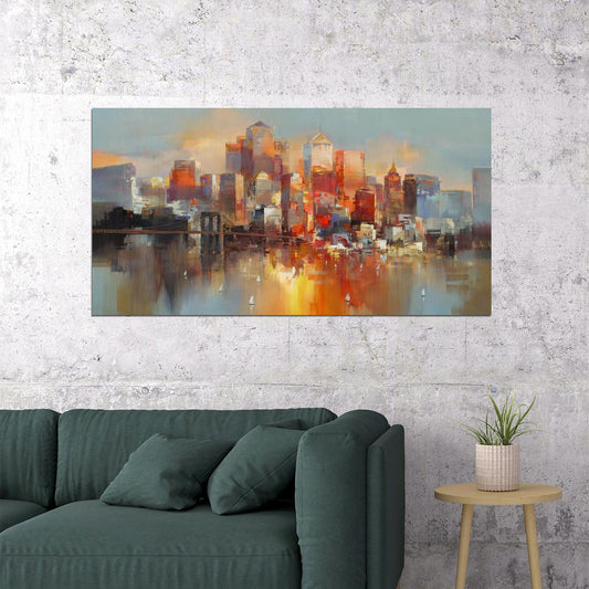 Sunset Cityscape Poster Abstract Urban Watercolor Modern Skyline Wall Art Decor Print - xonomax