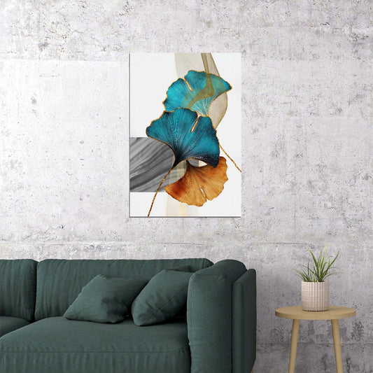 Golden and Blue Ginkgo Leaves Poster Elegant Botanical Art Minimalist Nature Wall Decor Print - xonomax