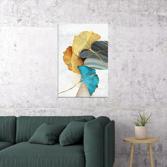 Elegant Ginkgo Leaf Poster Golden and Blue Botanical Nature Art Modern Wall Decor Print - xonomax