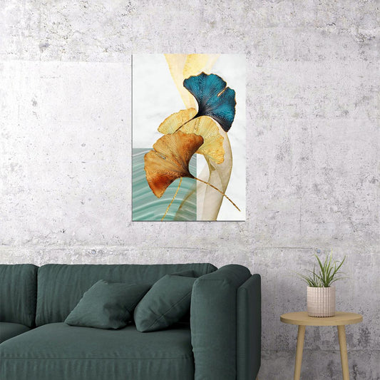 Golden and Blue Ginkgo Leaf Poster Minimalist Botanical Art Modern Nature Wall Decor Print - xonomax