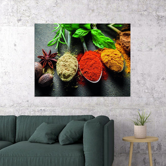 Assorted Spices Poster Vibrant Culinary Art Rustic Kitchen Decor Modern Food Wall Print - xonomax