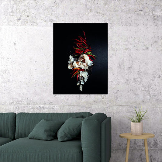 Chili Peppers and Garlic Poster Spicy Culinary Art Rustic Kitchen Decor Food Wall Print - xonomax