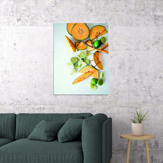 Fresh Melon and Lime Still Life Poster Modern Kitchen Art Vibrant Food Wall Decor Print - xonomax