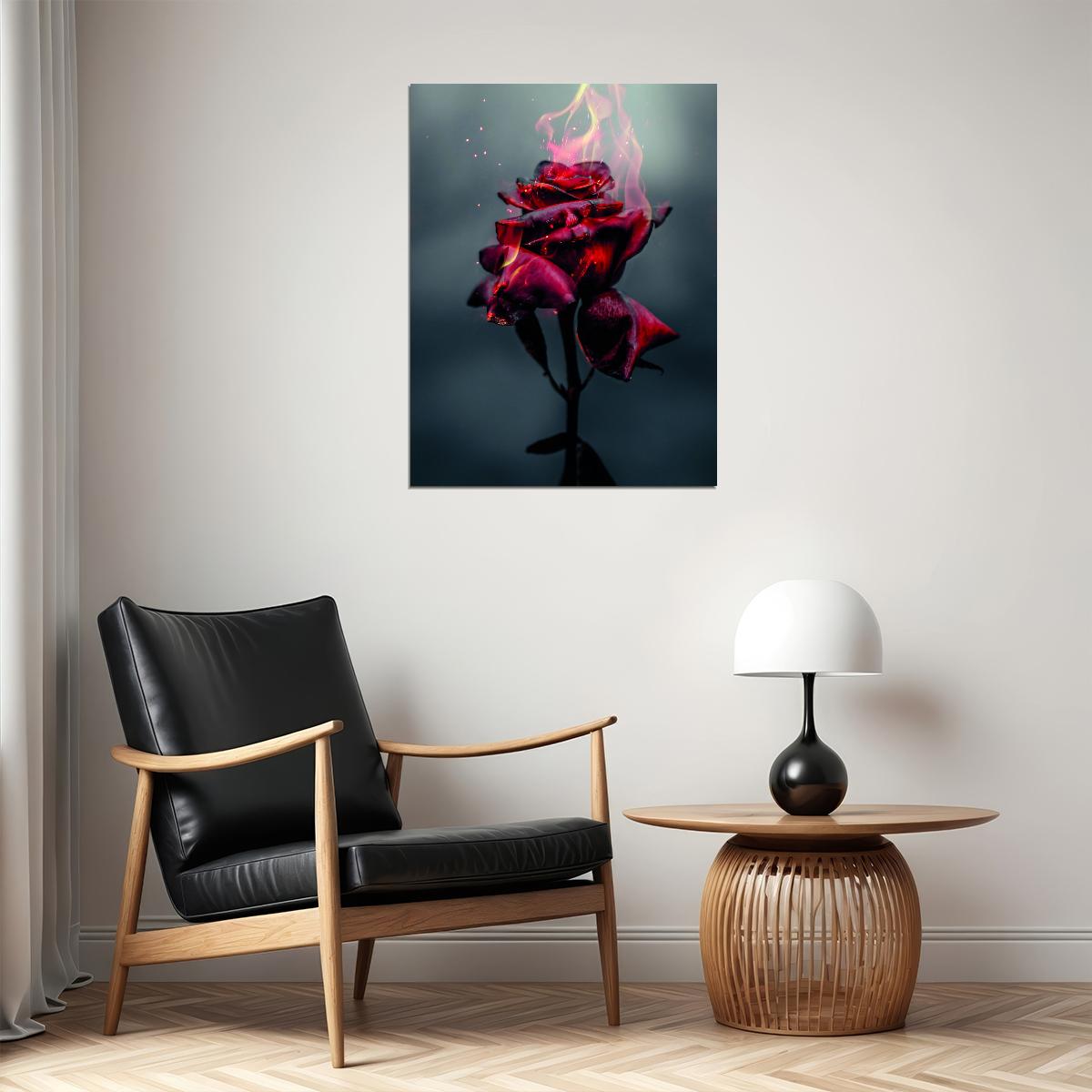Magical Burning Beautiful Red Rose Poster Dramatic Floral Art Surreal Dark Red Flower Wall Decor Print - xonomax