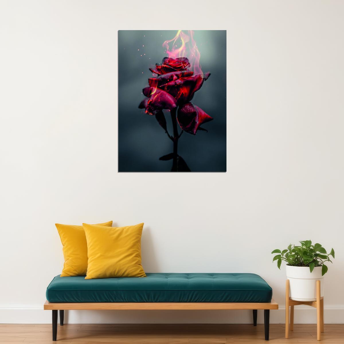 Magical Burning Beautiful Red Rose Poster Dramatic Floral Art Surreal Dark Red Flower Wall Decor Print - xonomax