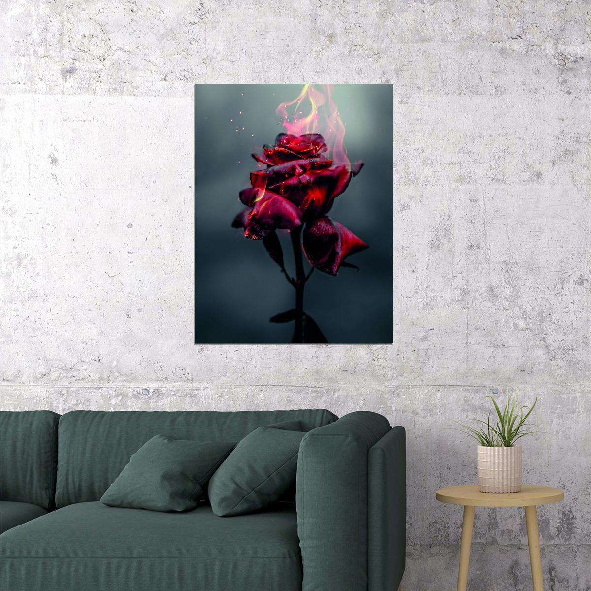 Magical Burning Beautiful Red Rose Poster Dramatic Floral Art Surreal Dark Red Flower Wall Decor Print - xonomax