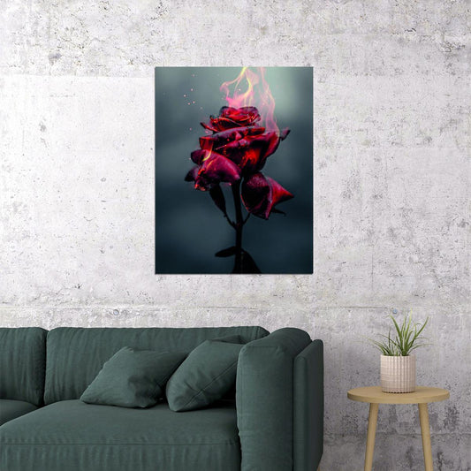 Magical Burning Beautiful Red Rose Poster Dramatic Floral Art Surreal Dark Red Flower Wall Decor Print - xonomax