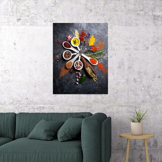 Spices and Herbs Arrangement Poster Rustic Culinary Art Vibrant Kitchen Wall Decor Print - xonomax