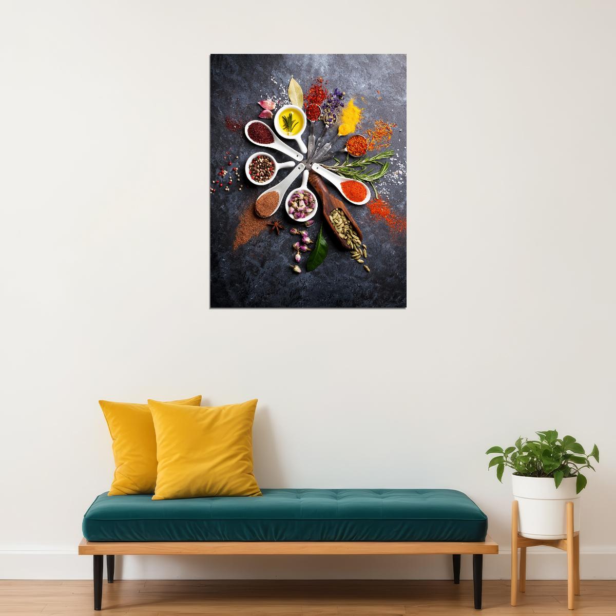 Spices and Herbs Arrangement Poster Rustic Culinary Art Vibrant Kitchen Wall Decor Print - xonomax