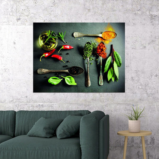 Spices and Fresh Herbs Poster Culinary Art Rustic Kitchen Decor Colorful Wall Print - xonomax