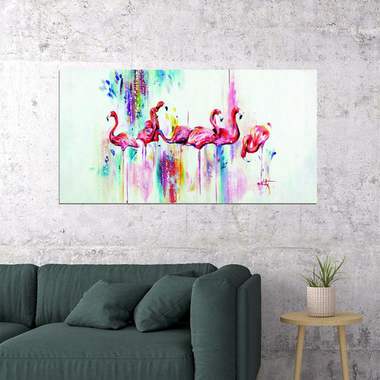 Flamingos in Color Poster Vibrant Watercolor Art Tropical Bird Wall Decor Print - xonomax