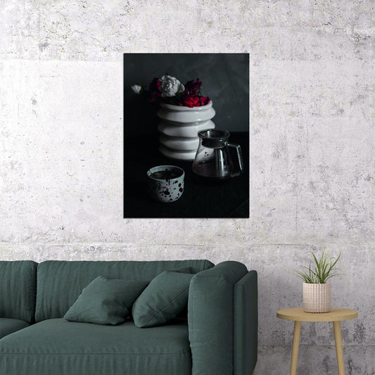 Vintage Coffee Setup Poster Rustic Kitchen Decor Dark Still Life Wall Art Print - xonomax