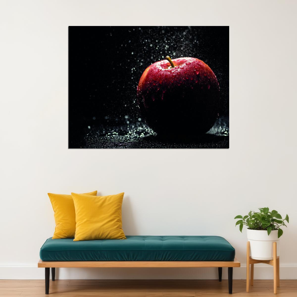 Red Apple with Water Droplets Poster Dramatic Fruit Photography Modern Wall Decor Print - xonomax