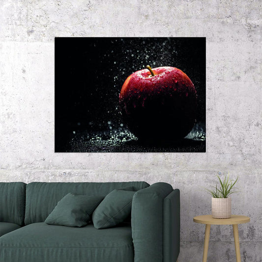 Red Apple with Water Droplets Poster Dramatic Fruit Photography Modern Wall Decor Print - xonomax