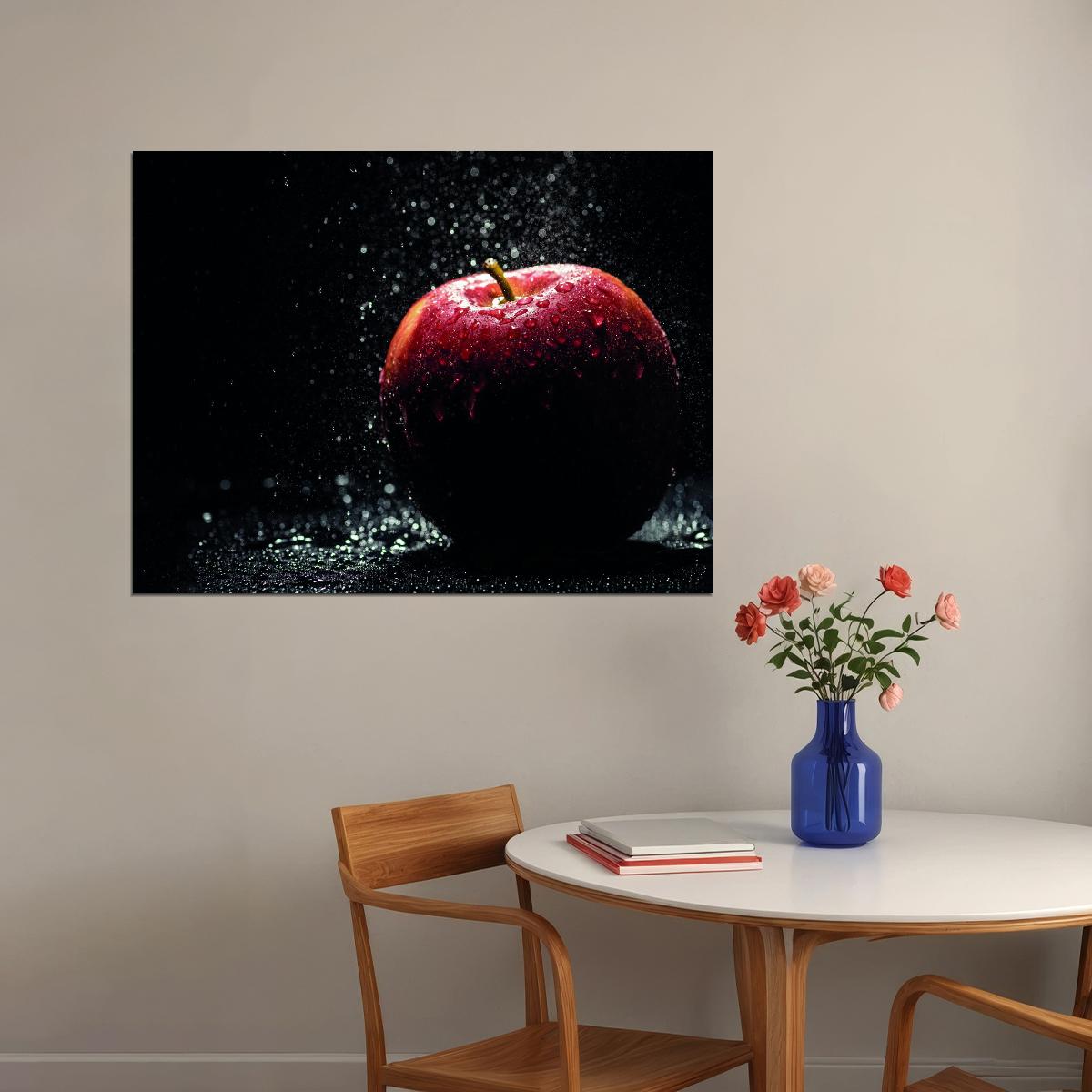 Red Apple with Water Droplets Poster Dramatic Fruit Photography Modern Wall Decor Print - xonomax