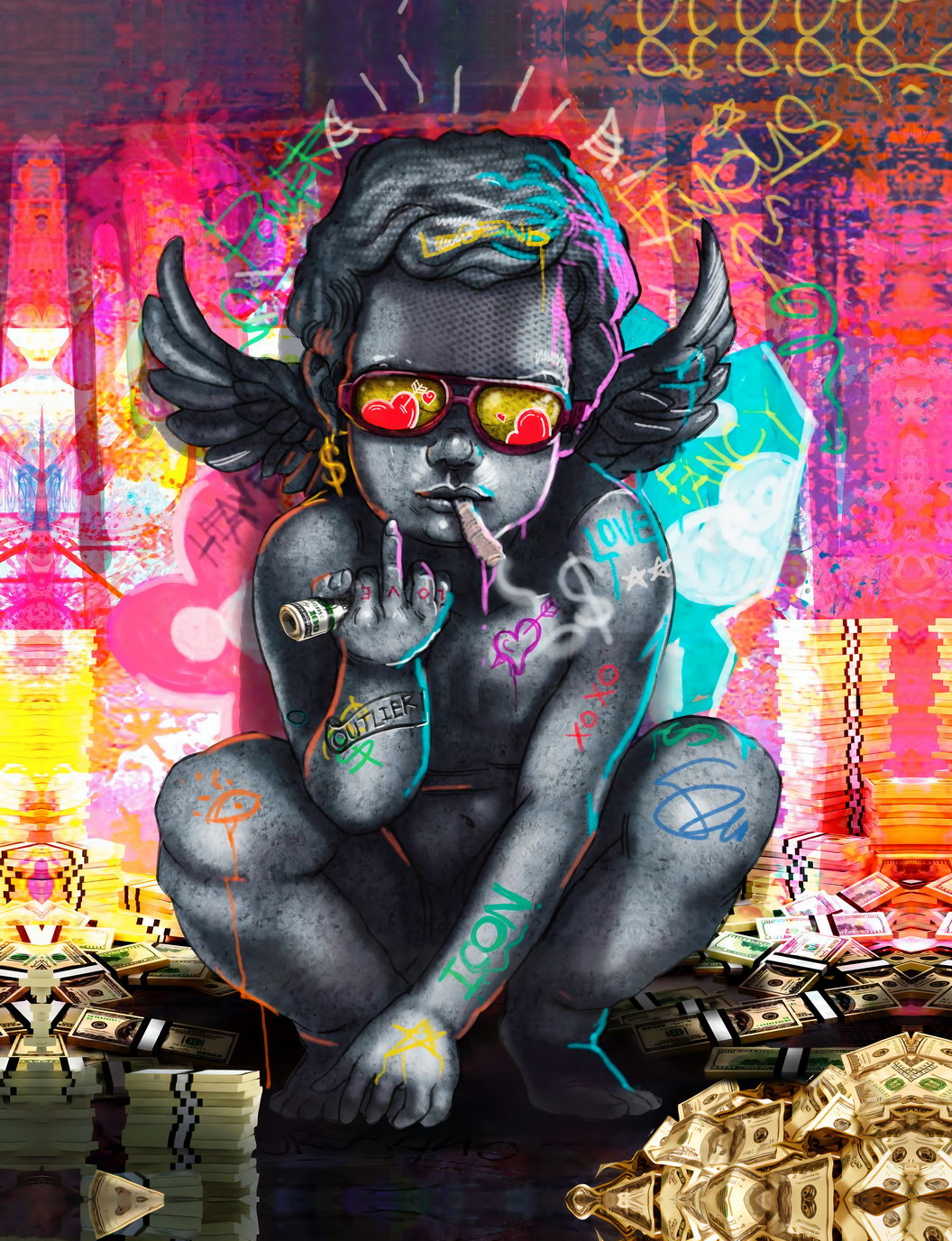 Graffiti Angel Money Dollar Middle Finger Wall Art Graffiti Pop Art Poster - xonomax