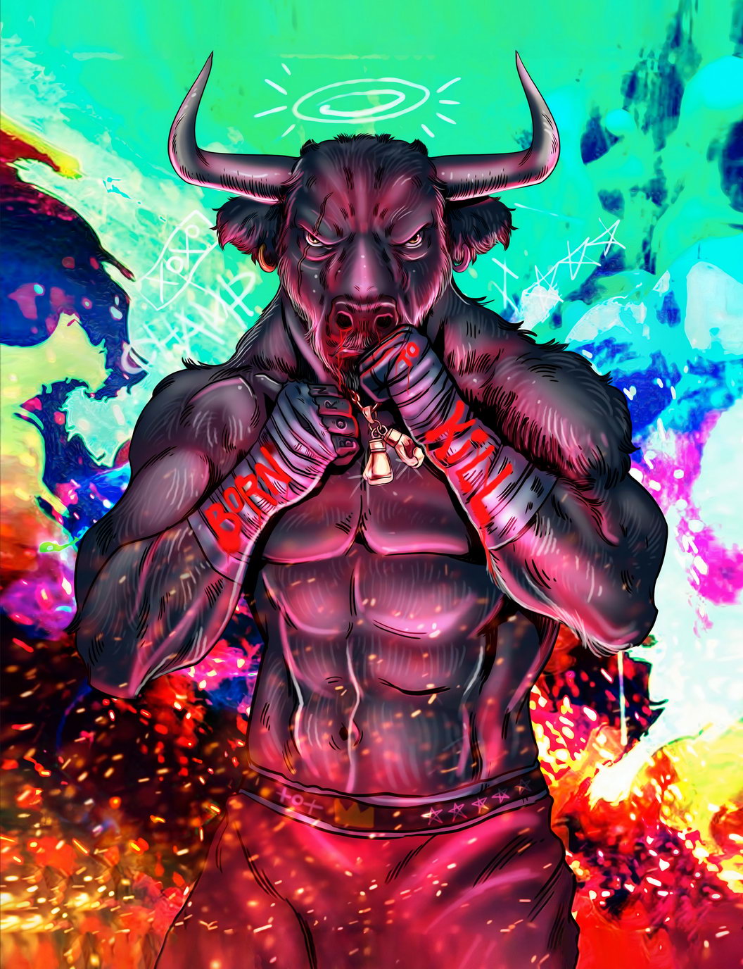 Fighting Bull Red Demon Warrior Poster Vibrant Fantasy Art Bold Comic Style Wall Decor Print - xonomax