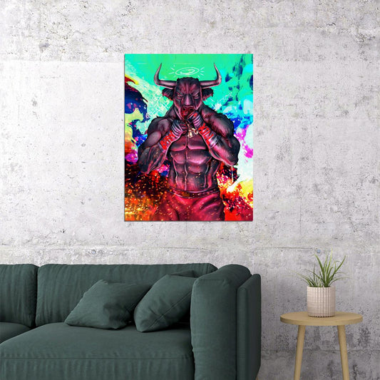 Fighting Bull Red Demon Warrior Poster Vibrant Fantasy Art Bold Comic Style Wall Decor Print - xonomax