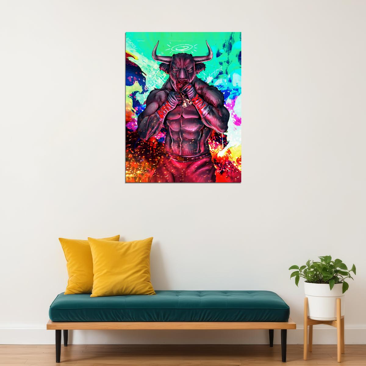 Fighting Bull Red Demon Warrior Poster Vibrant Fantasy Art Bold Comic Style Wall Decor Print - xonomax