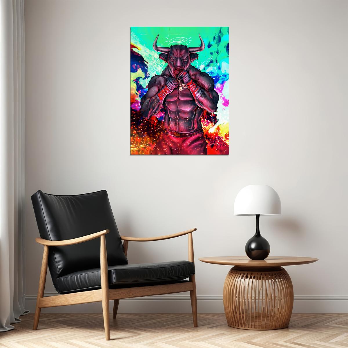 Fighting Bull Red Demon Warrior Poster Vibrant Fantasy Art Bold Comic Style Wall Decor Print - xonomax