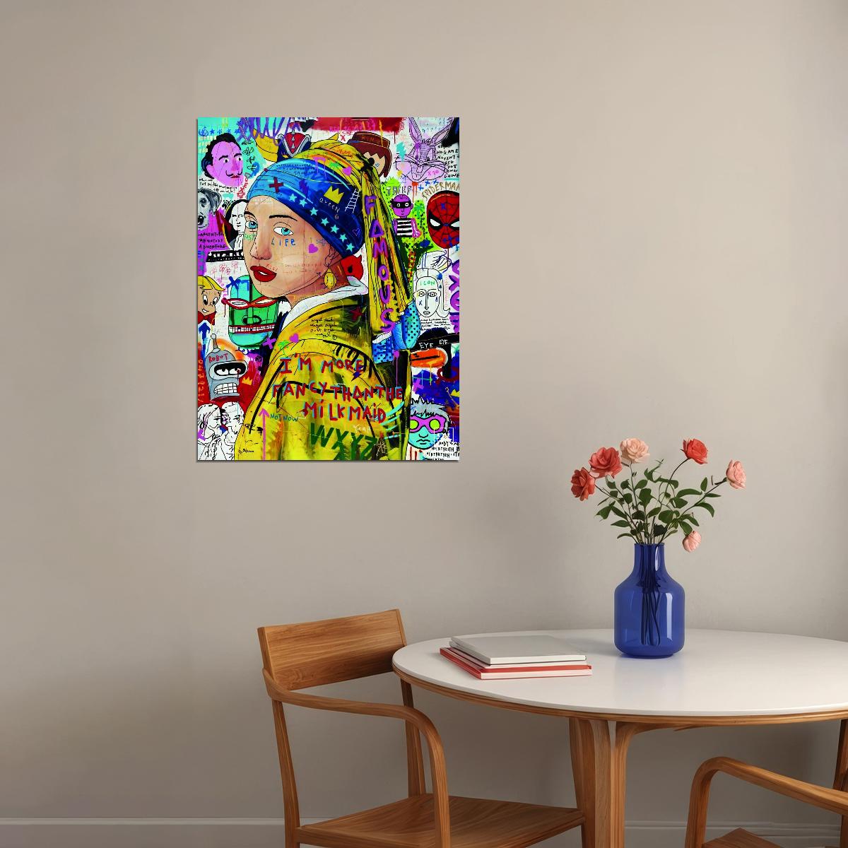 Graffiti Girl with Pearl Earring Poster Colorful Pop Art Classic Modern Wall Decor Print - xonomax