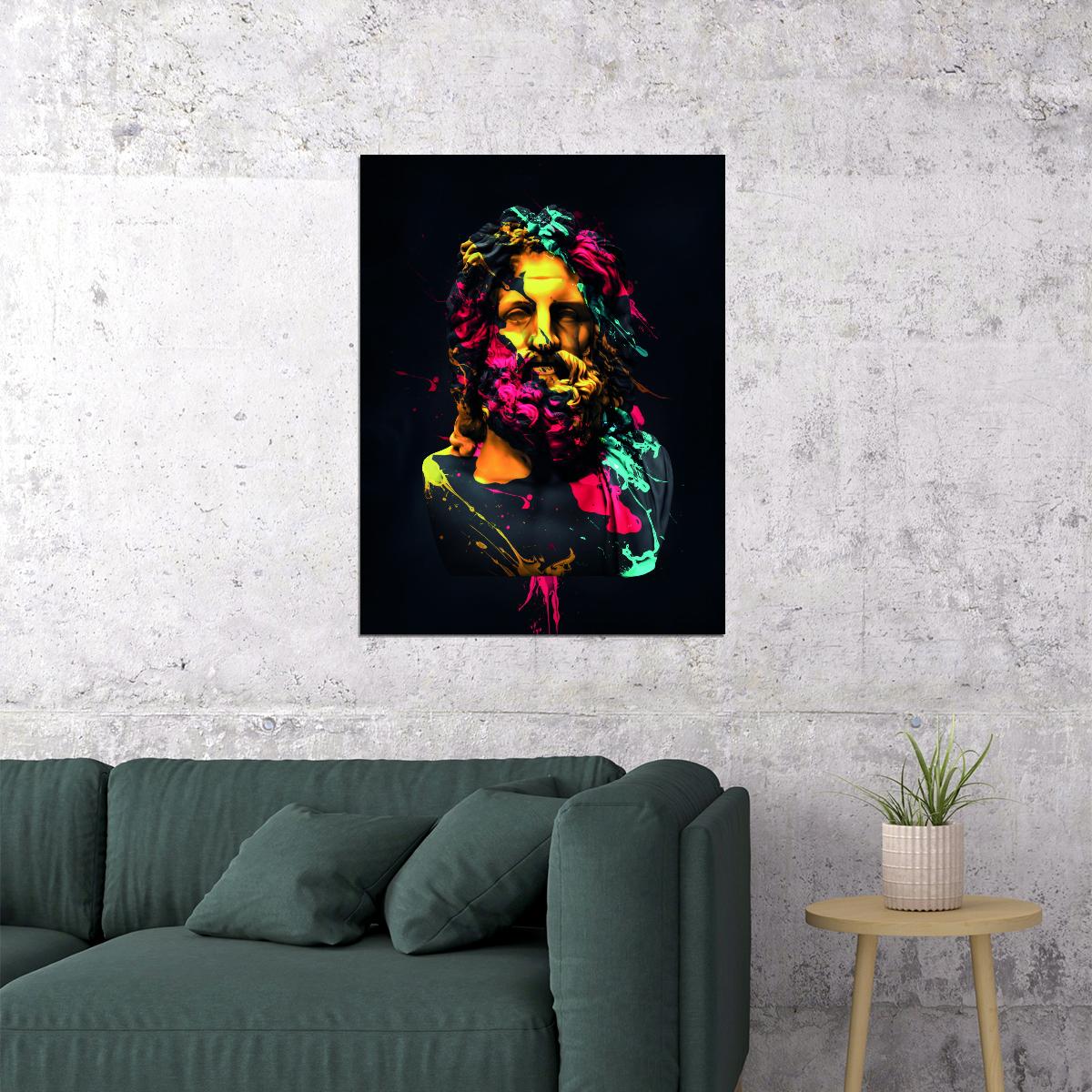 Colorful Zeus Statue Greek Stone Bust Abstract Pop Art Poster Wall Decor Print - xonomax