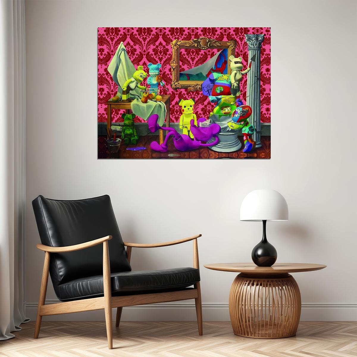 Kaws Bearbrick Pickachu Mickey Mouse Pop Art Scene Poster Unique Wall Decor Hustle Vibrant Cartoon Style Art Print - xonomax