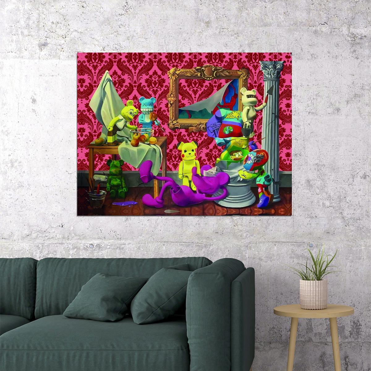 Kaws Bearbrick Pickachu Mickey Mouse Pop Art Scene Poster Unique Wall Decor Hustle Vibrant Cartoon Style Art Print - xonomax
