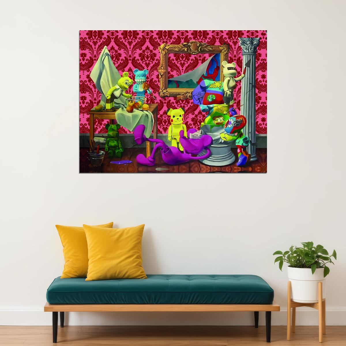 Kaws Bearbrick Pickachu Mickey Mouse Pop Art Scene Poster Unique Wall Decor Hustle Vibrant Cartoon Style Art Print - xonomax