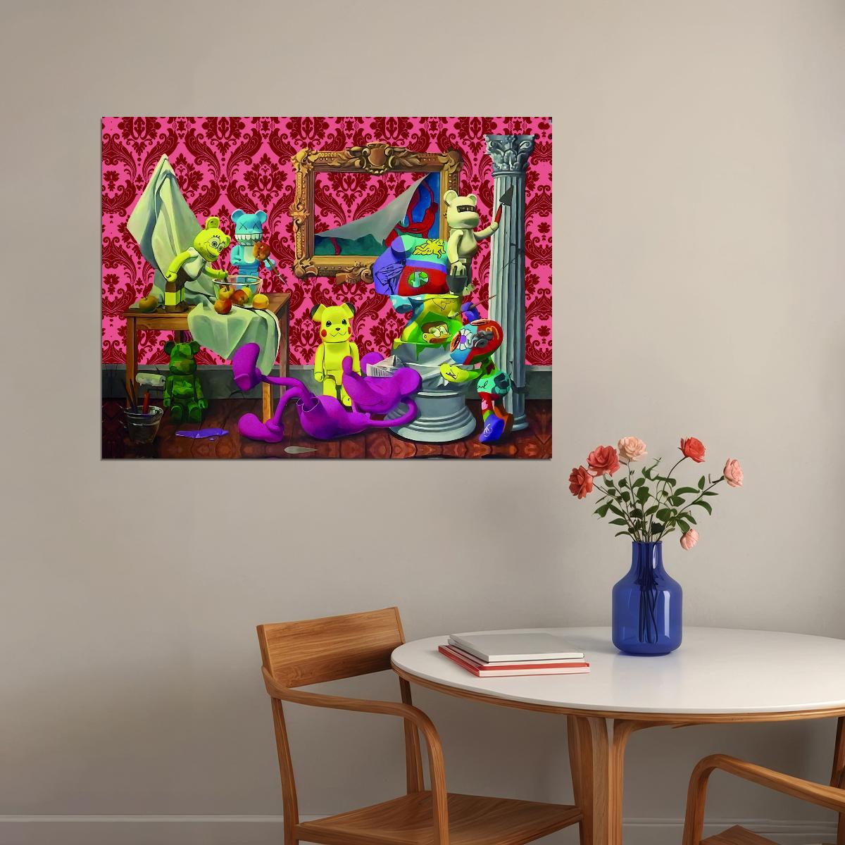 Kaws Bearbrick Pickachu Mickey Mouse Pop Art Scene Poster Unique Wall Decor Hustle Vibrant Cartoon Style Art Print - xonomax