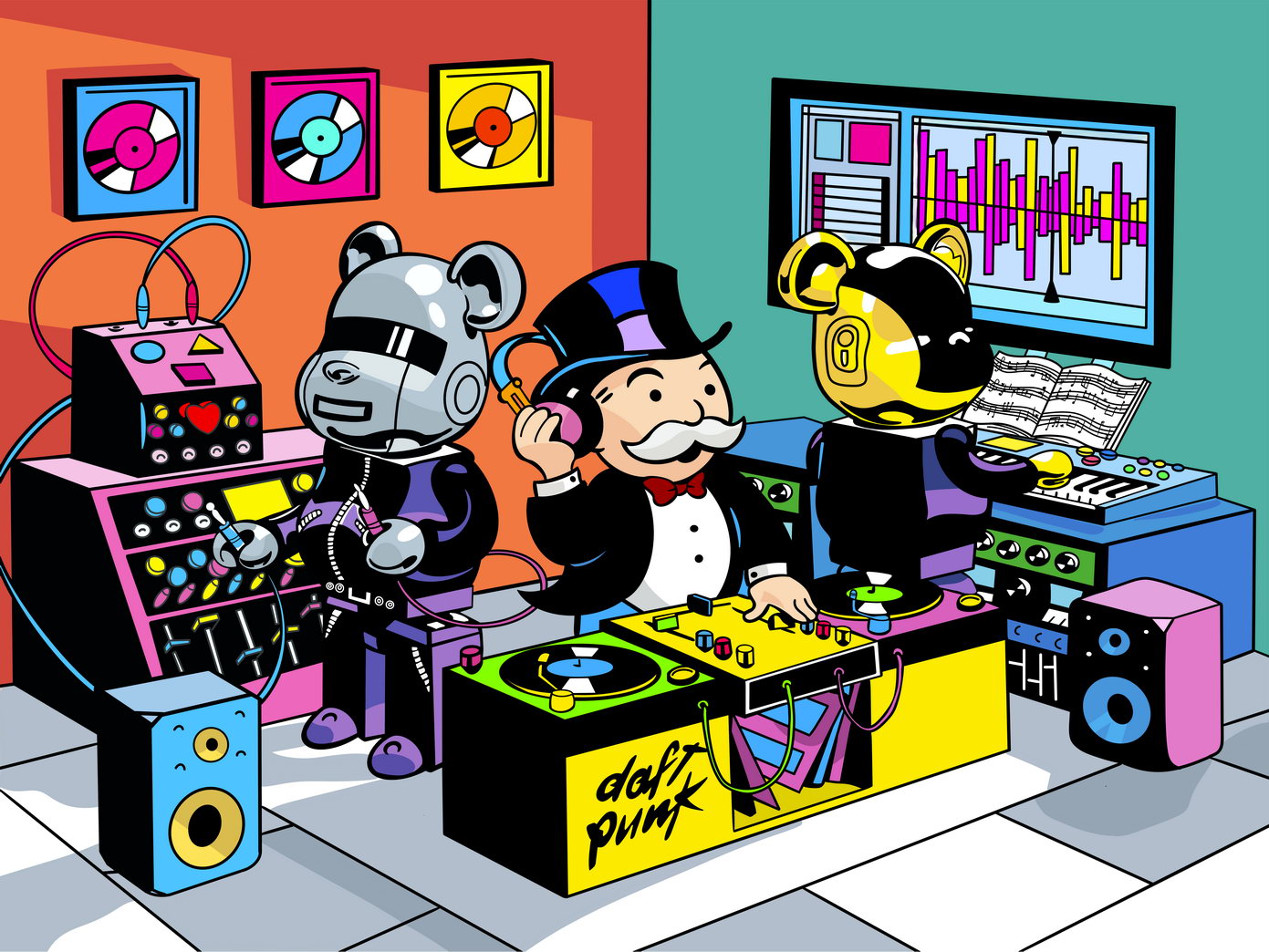 Daft Punk Bearbrick Retro DJ Mickey Mouse Art Poster Cartoon Wall Decor Colorful Pop Art Modern Swag Wall Print - xonomax