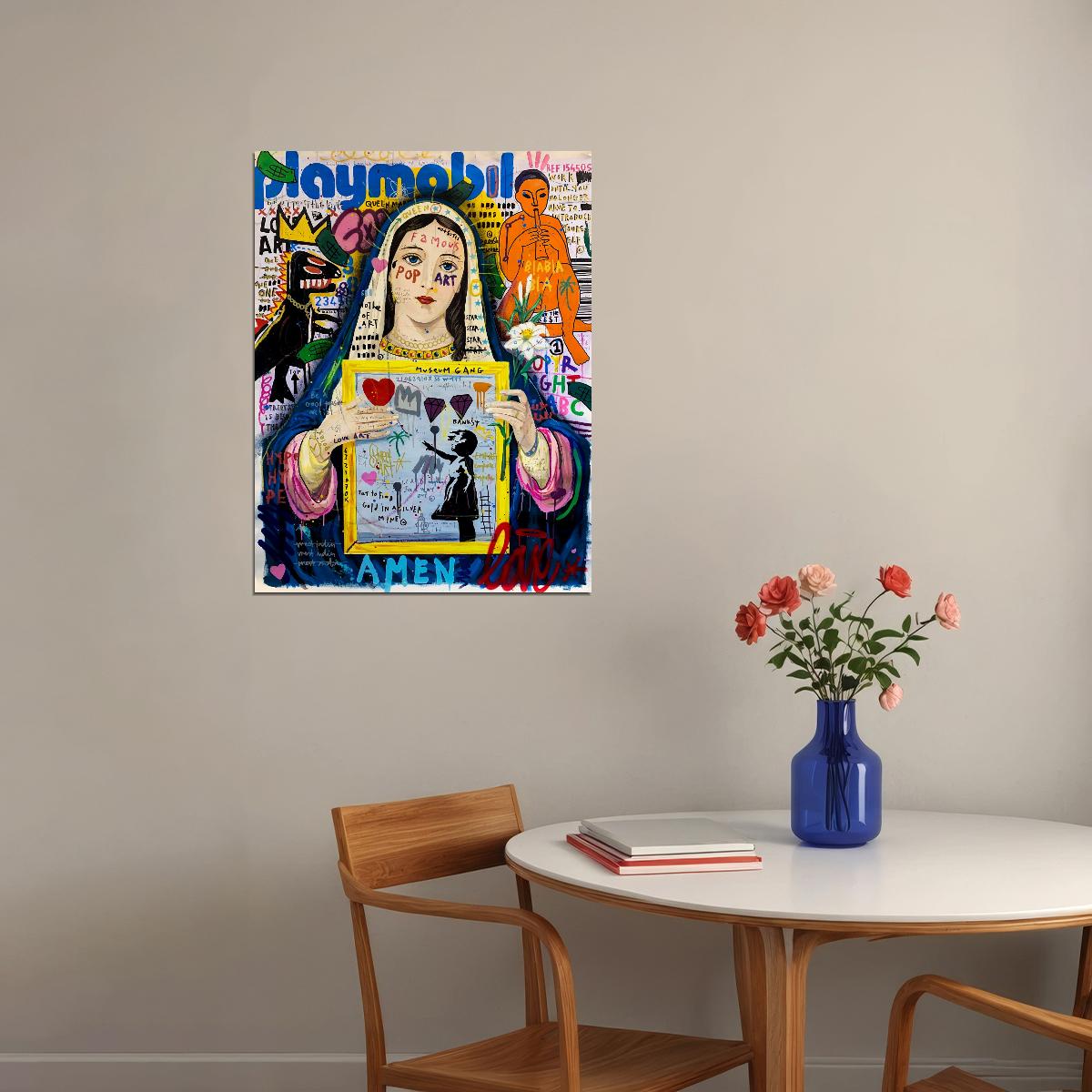Banksy Girl With Balloon Virgin Mary Modern Madonna Pop Art Poster Vibrant Collage Wall Decor Unique Entrepreneur Artistic Wall Print - xonomax