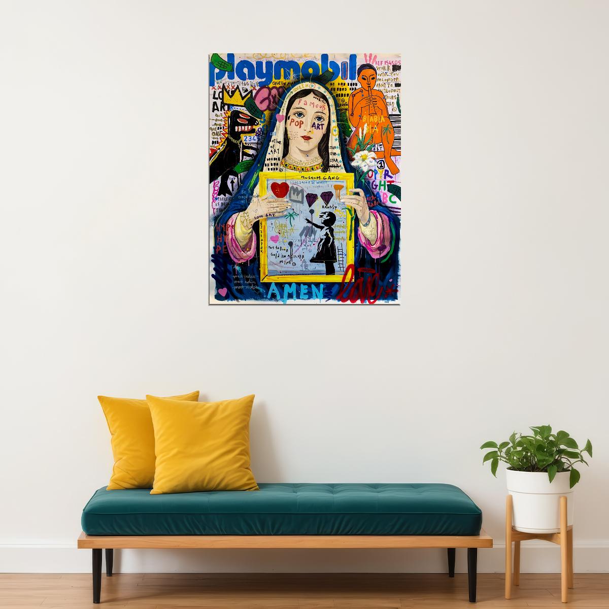 Banksy Girl With Balloon Virgin Mary Modern Madonna Pop Art Poster Vibrant Collage Wall Decor Unique Entrepreneur Artistic Wall Print - xonomax