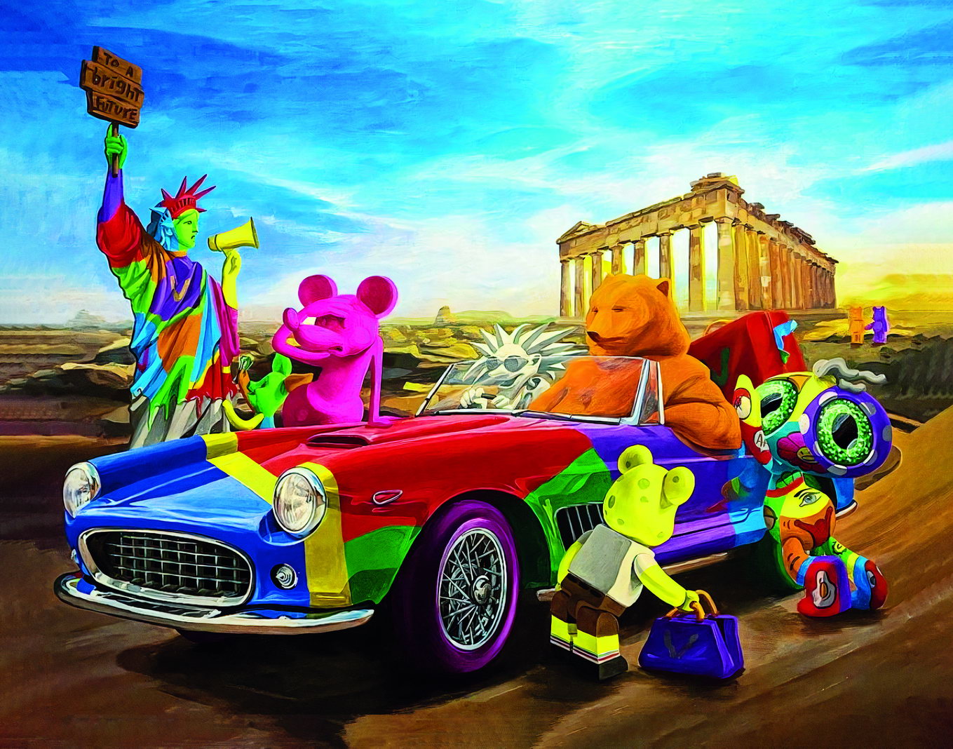 Cartoon Statue Of Liberty Mickey Mouse Parthenon Greek Gods Road Trip Art Poster Vibrant Pop Art Wall Decor Fun Swag Modern Wall Print - xonomax