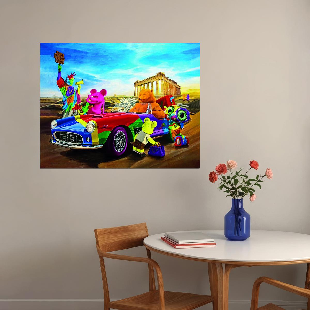 Cartoon Statue Of Liberty Mickey Mouse Parthenon Greek Gods Road Trip Art Poster Vibrant Pop Art Wall Decor Fun Swag Modern Wall Print - xonomax