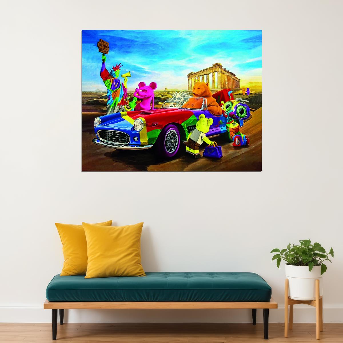 Cartoon Statue Of Liberty Mickey Mouse Parthenon Greek Gods Road Trip Art Poster Vibrant Pop Art Wall Decor Fun Swag Modern Wall Print - xonomax
